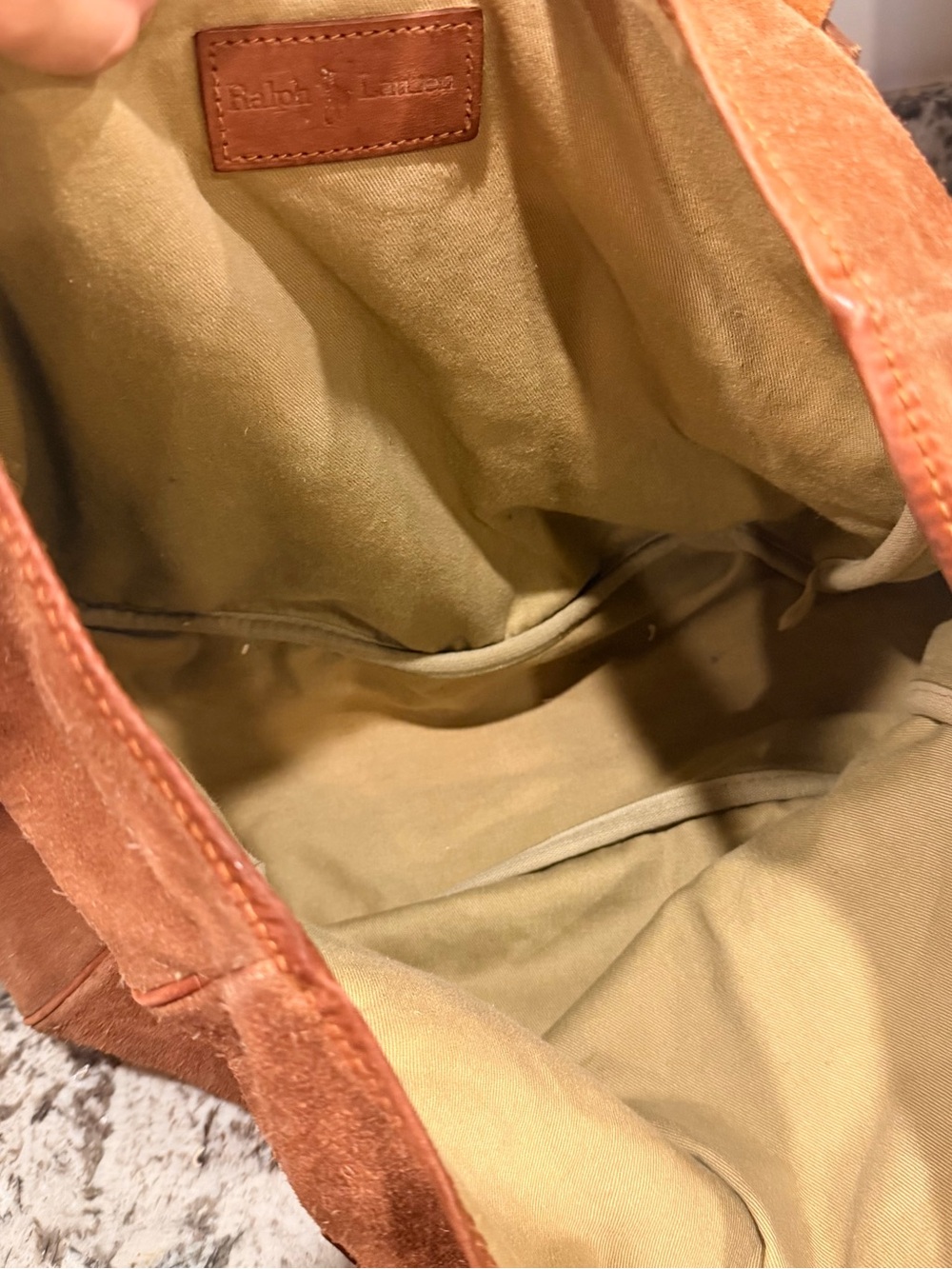 Vintage 90s Ralph Lauren Tan suede slouchy Canvas Tote with Brown Leather Trim - Picture 4 of 7
